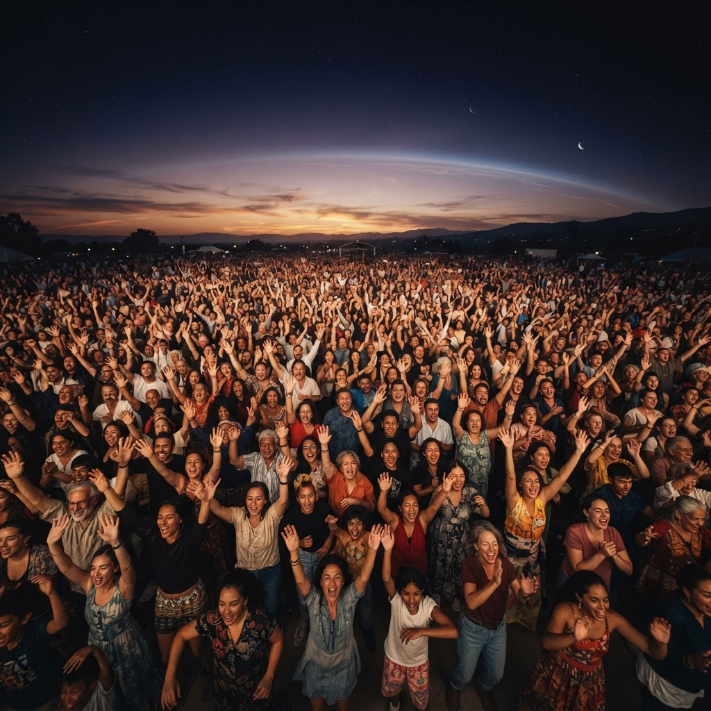 A vast, diverse gathering of people on Earth under a cosmic dusk sky, arms raised in shared optimism